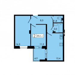 Двухкомнатная квартира 57.2 м²