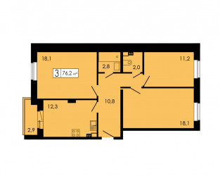 Трёхкомнатная квартира 76.7 м²