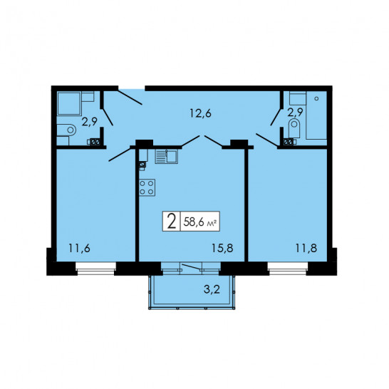 Двухкомнатная квартира 58.4 м²