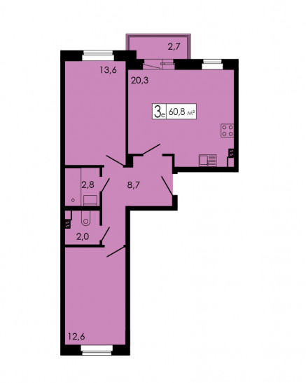 Двухкомнатная квартира 60.7 м²