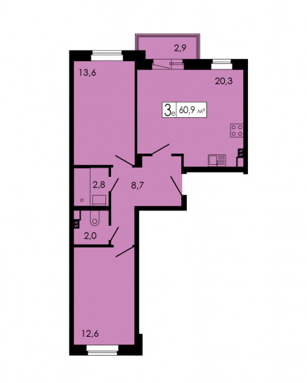 Двухкомнатная квартира 60.6 м²