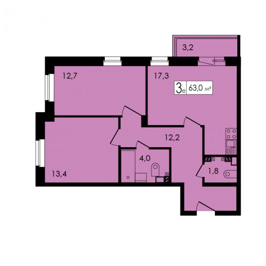 Двухкомнатная квартира 62.5 м²