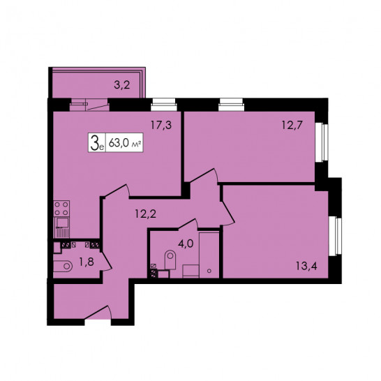 Двухкомнатная квартира 62.5 м²
