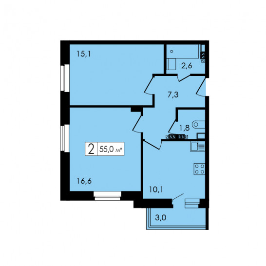 Двухкомнатная квартира 55.7 м²