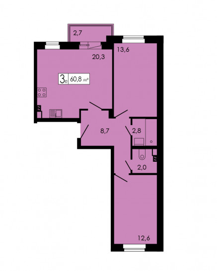Двухкомнатная квартира 60.4 м²