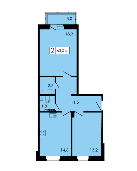 Двухкомнатная квартира 63.9 м²